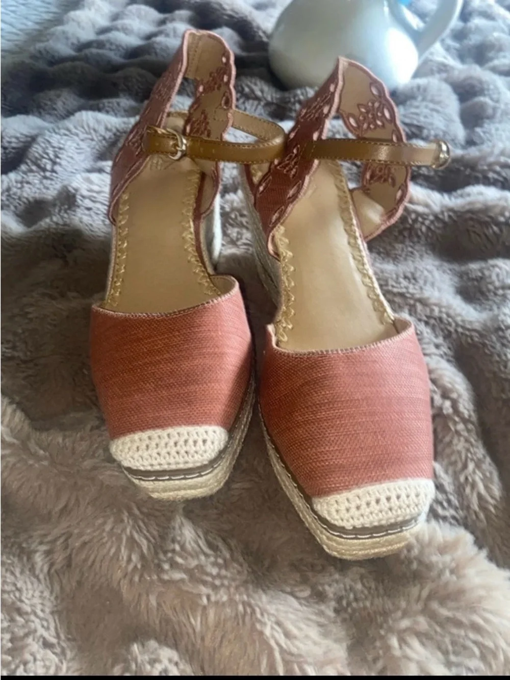 Crown Vintage Coral Pink Espadrille Wedge Sandals with Ankle Strap